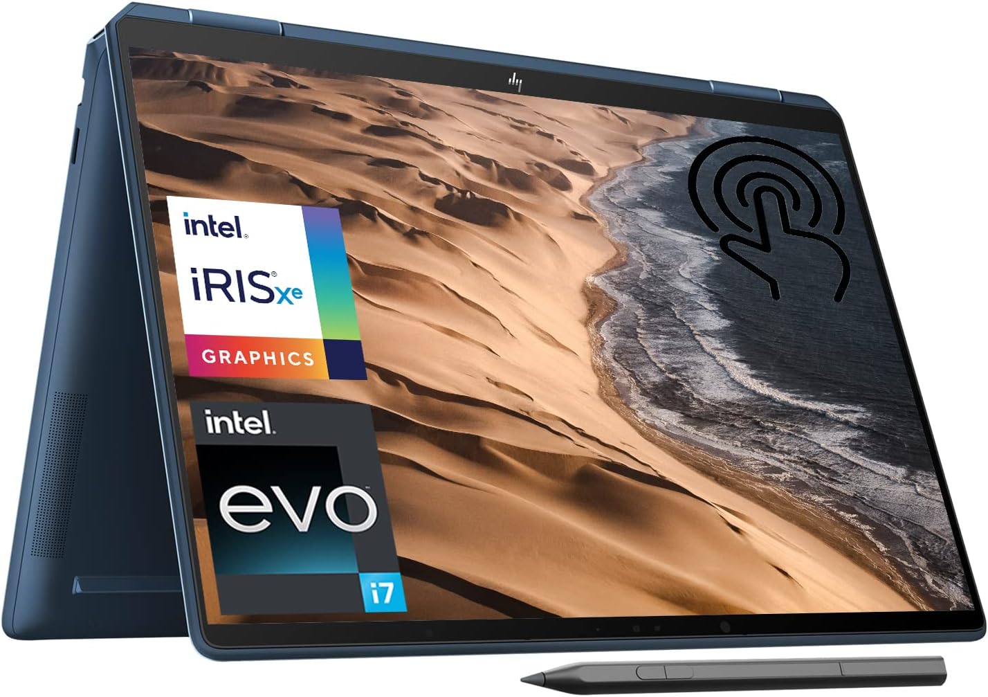 spectre | gearandcode 2-in-1 laptop/tablet with stylus, showing Intel Iris Xe Graphics and Evo branding on the screen poster.