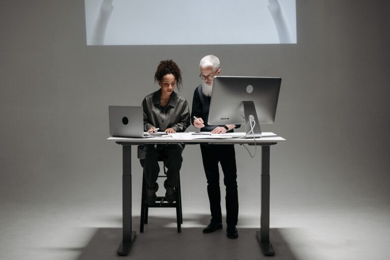 Luxury home office with standing desk.