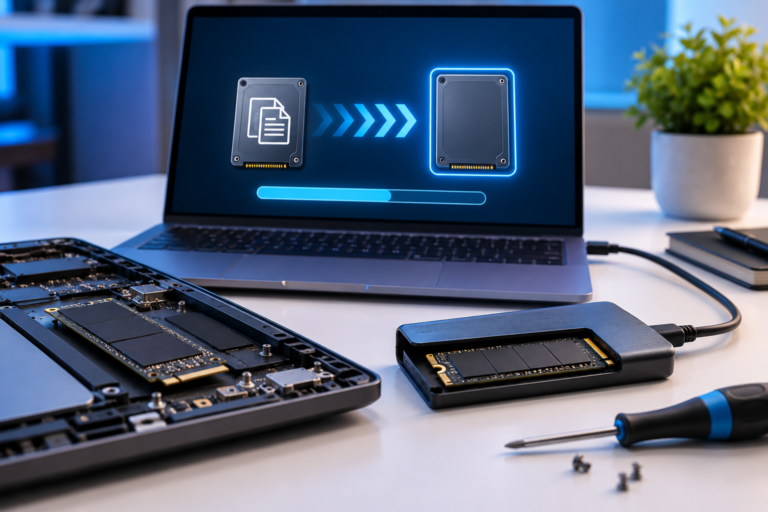 Laptop screen shows data transfer from a hard drive to an external SSD enclosure with a progress bar in a tech workspace