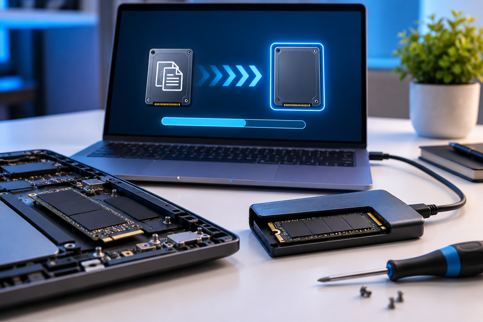 Laptop screen shows data transfer from a hard drive to an external SSD enclosure with a progress bar in a tech workspace