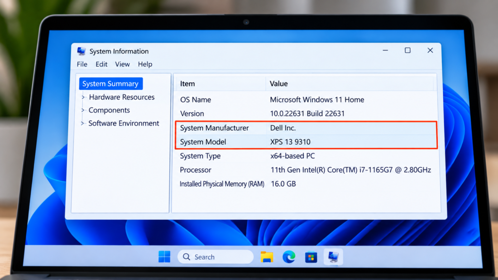 Exactmodel | gearandcode Windows System Information window showing Dell Inc as system manufacturer and XPS 13 9310 as model