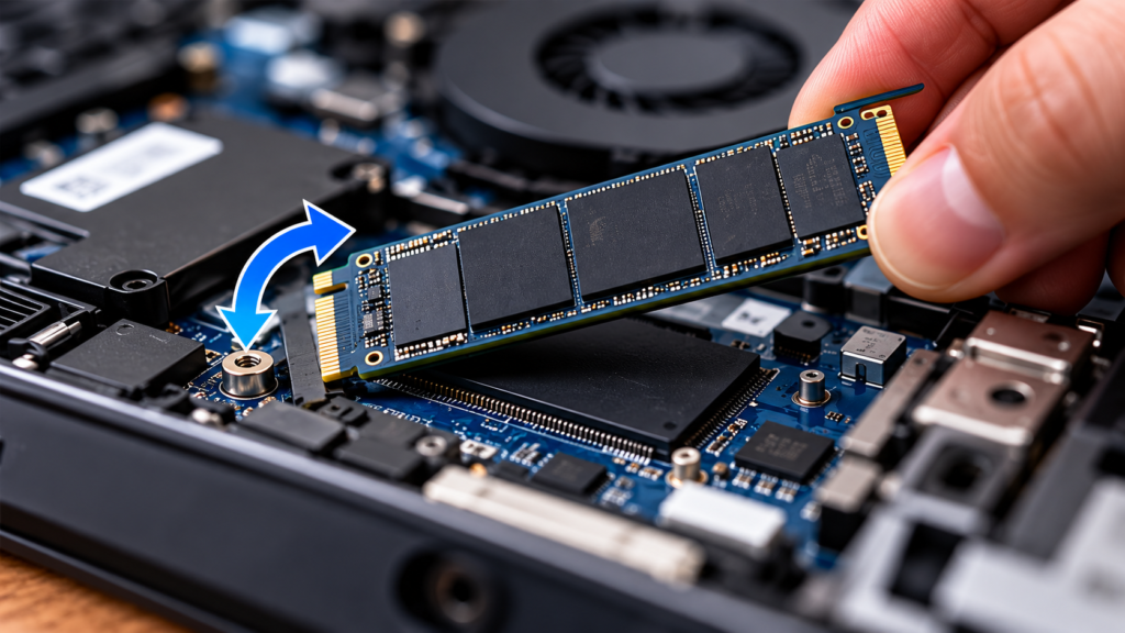 Installingsssd | gearandcode Person installing a RAM module into a computer motherboard slot with the gold pins and memory chips visible